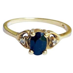 Solid 10k Gold Ring Genuine Sapphire Diamond VTG Promise Engagement Size 5.75